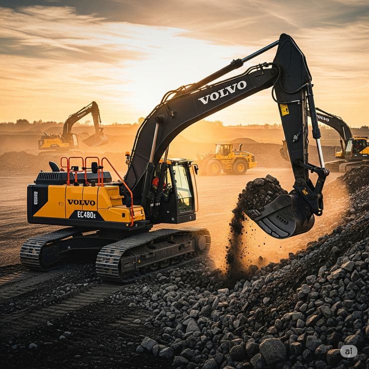 Volvo EC480E excavator dumping rock at a quarry in golden hour light